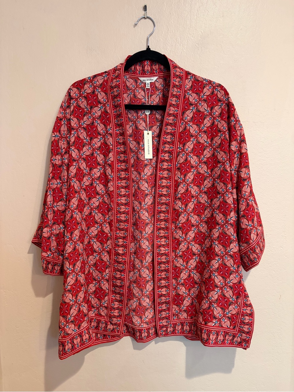 Max Studio Summer Red Kimono w/ Subtle Teal Accents, Geometric Design, NWT